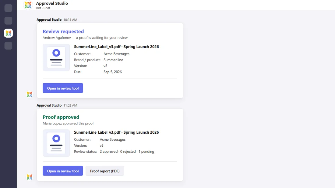 An Approval Studio review-request notification in a Microsoft Teams chat