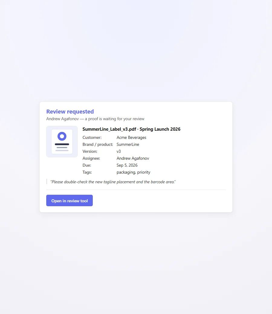 A close-up of an Approval Studio notification card in Teams showing project details and an Open in review tool button