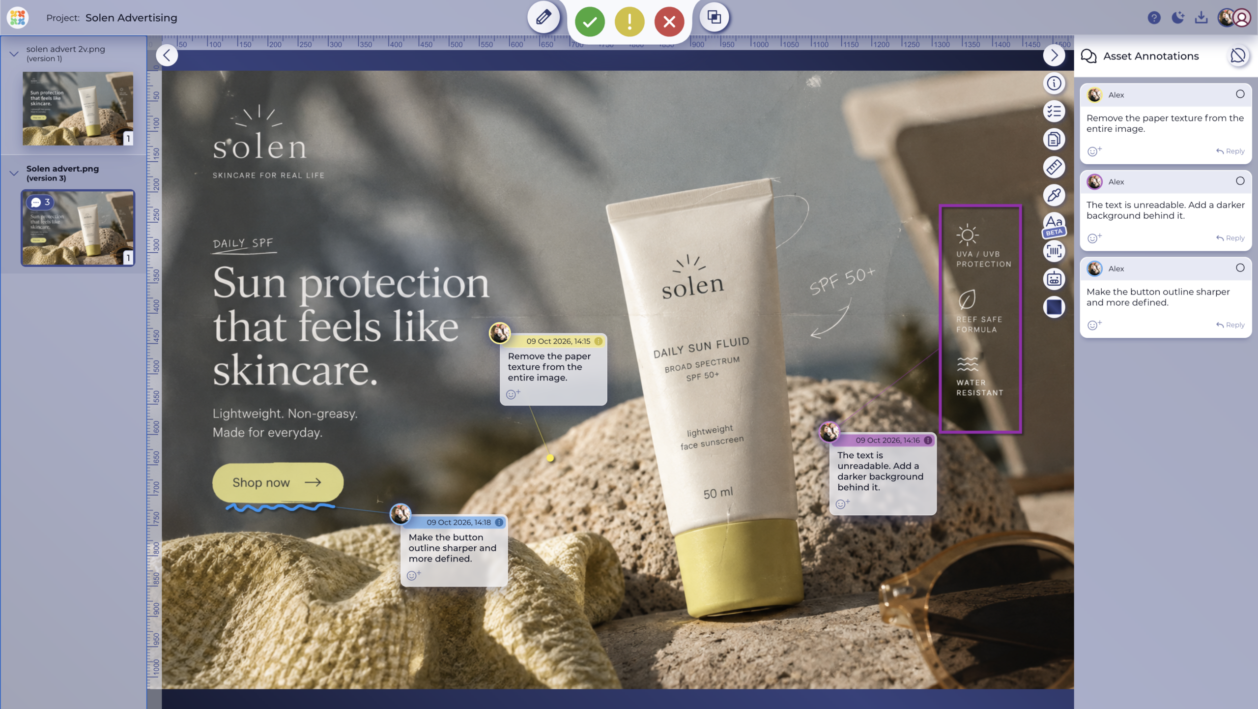 Campaign banner with pinned comments and approvals
