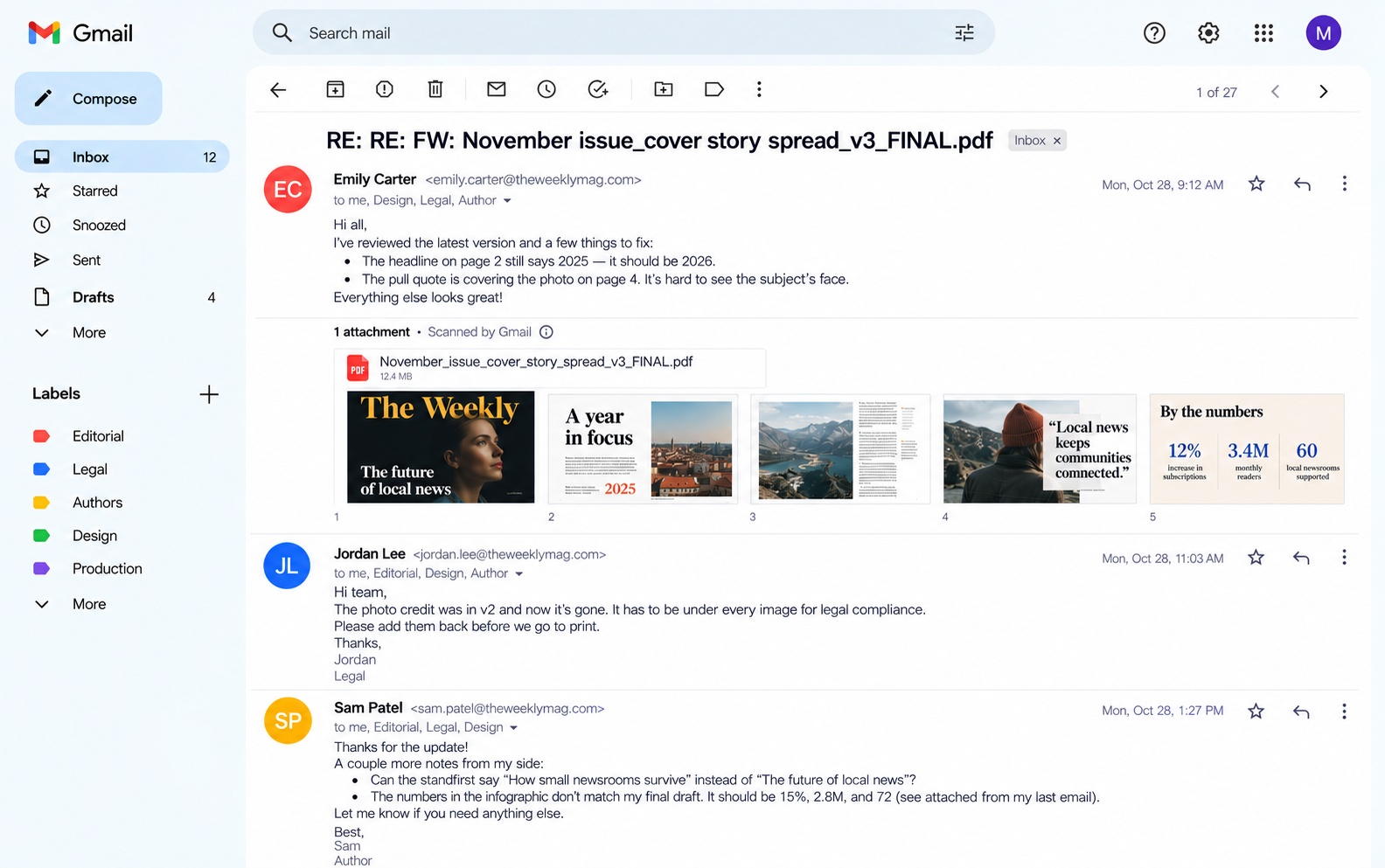 Layout feedback scattered across email threads, with no page context or clear latest version