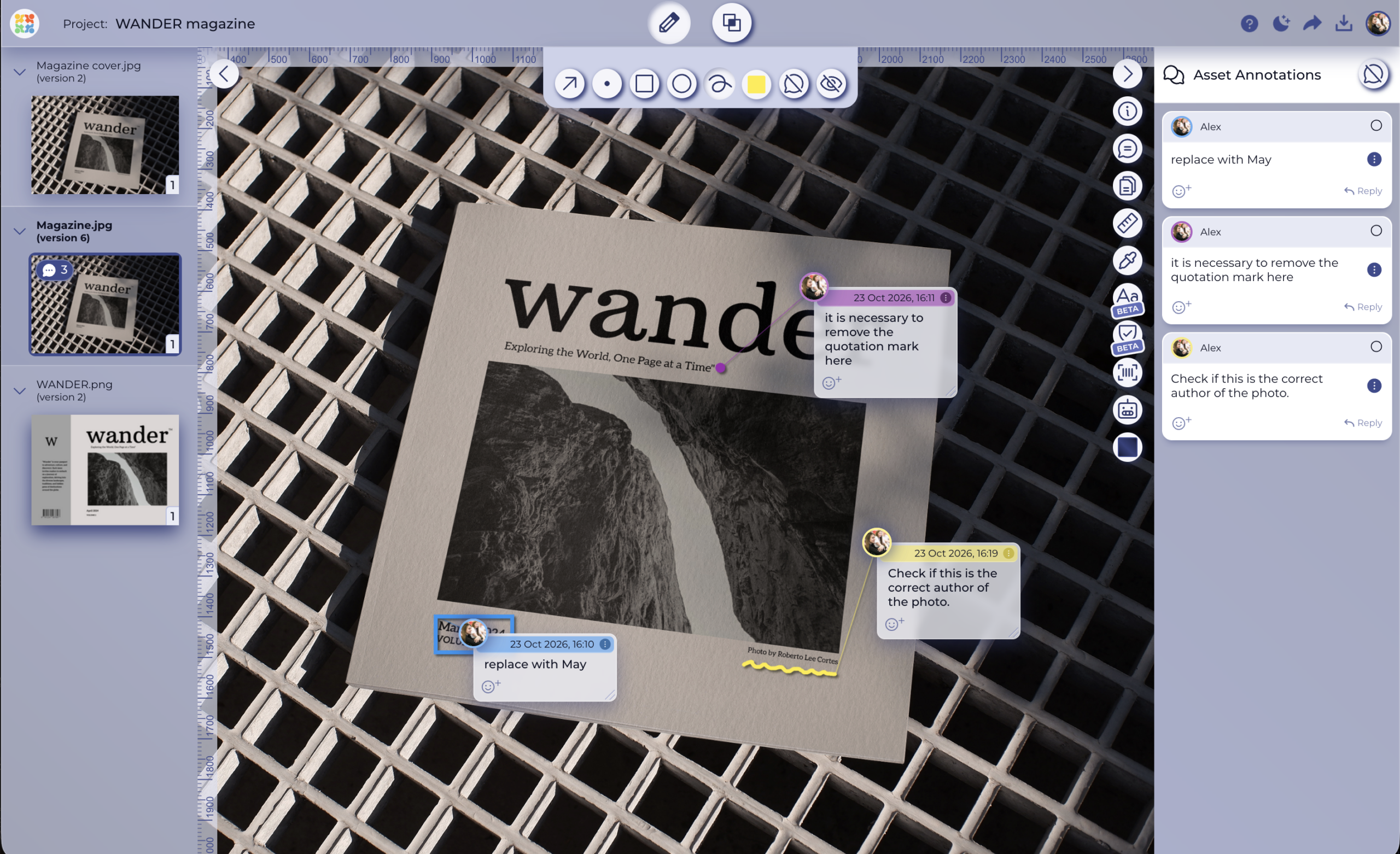 Magazine layout in Approval Studio with pinned editor comments and page-by-page approval status