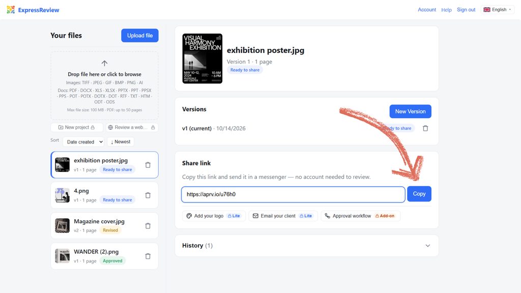 Copy the automatically generated link to share the review with your client