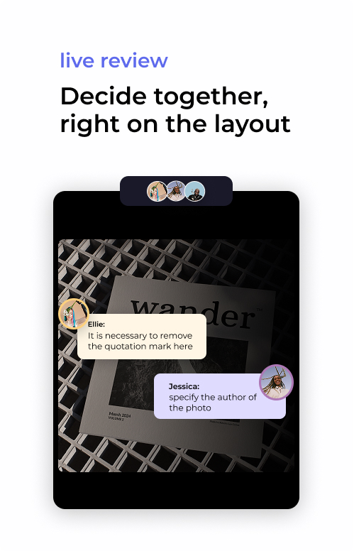 Live review session with reviewers commenting on a magazine cover at the same time