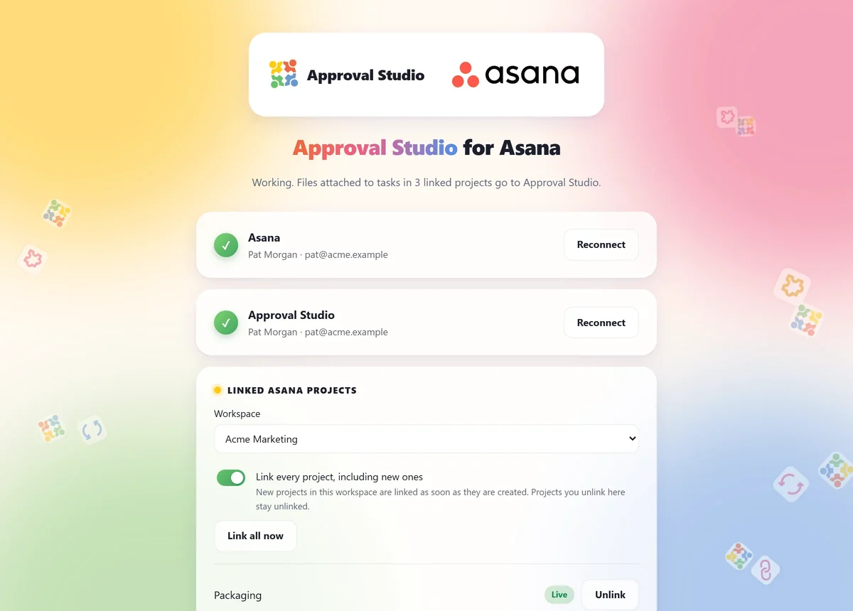 The Approval Studio for Asana connection page, with Asana and Approval Studio connected and three projects linked